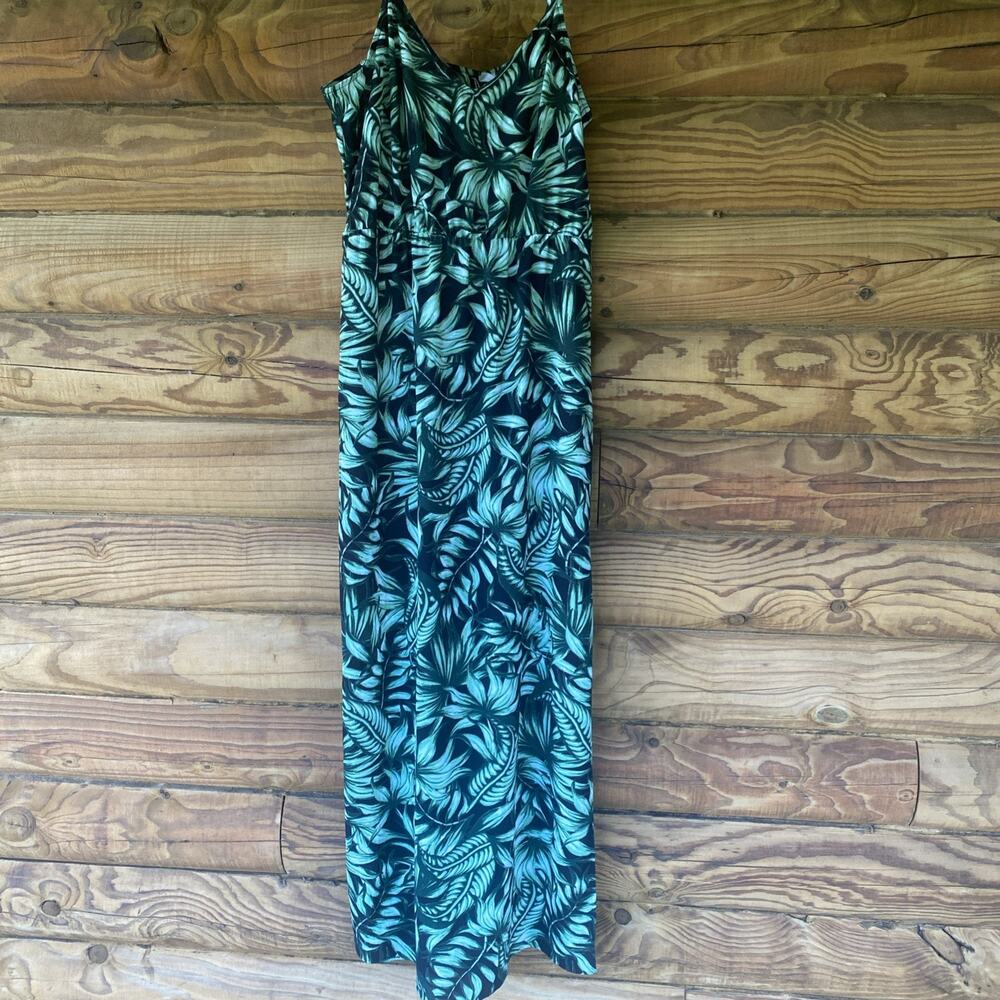 Divided Green Black tropical leaf crepe maxi slip dress medium. J20